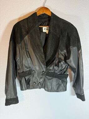 CHIA Women’s Large Black Leopard Trim Cropped Double Breasted Jacket
